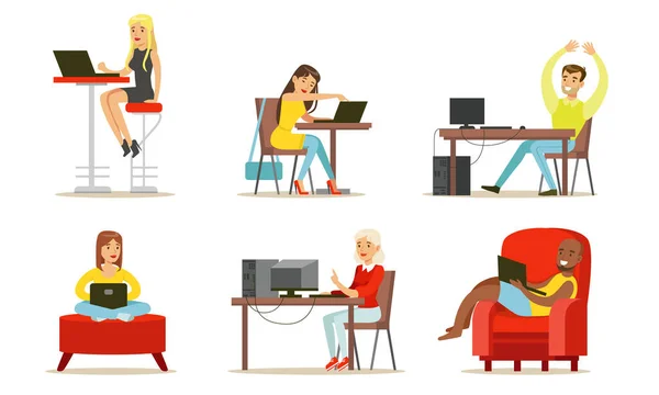 People Using Laptop Computers Set, Young Men and Women Working, Communicating and Spending Time Online Vector Illustration — Stock vektor