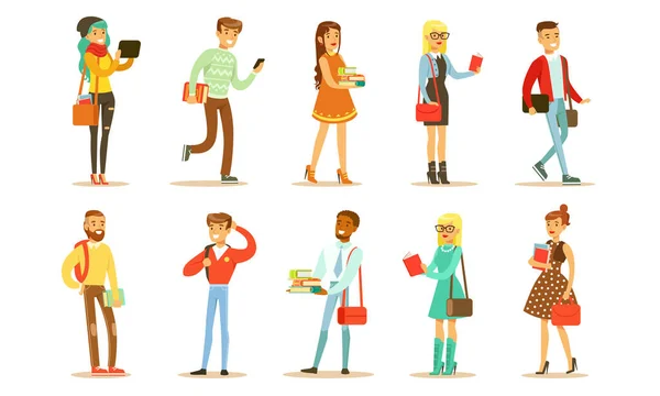 Cheerful People in Fashionable Clothes Set, Male and Female Students with Books and Gadgets Vector Illustratio — Stok Vektör