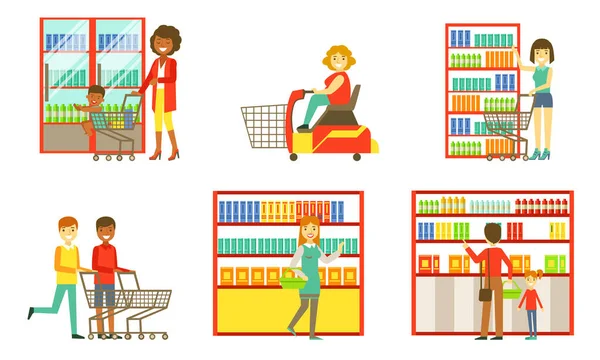 Conjunto de elementos interiores del supermercado, personas que eligen y compran productos en la tienda Vector Illustration — Archivo Imágenes Vectoriales