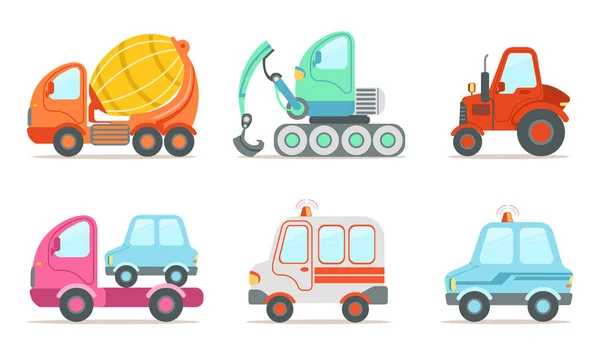 Auto 's en bouwmachines Set, Tractor, Kruipwagen, Cementwagen, Ambulance, Politie Auto Vector Illustratie — Stockvector