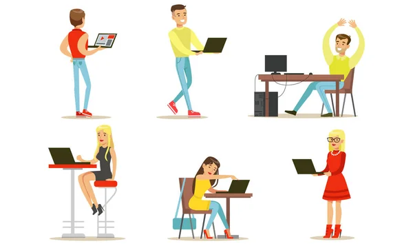 People Using Laptop Computers Set, Young Men and Women Working, Communicating and Surfing Internet on their Computers Vector Illustration — Stock Vector