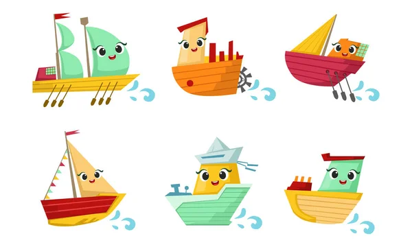 Cute Kawaii Ship Cartoon Character Set, Αξιολάτρευτο Αστεία ατμόπλοιο, γιοτ, πλοίο, σκάφος Vector Εικονογράφηση — Διανυσματικό Αρχείο