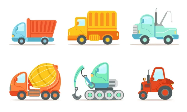 Conjunto de máquinas de transporte e construção, trator, escavadeira, reboque e cimento caminhão Vector Ilustração — Vetor de Stock