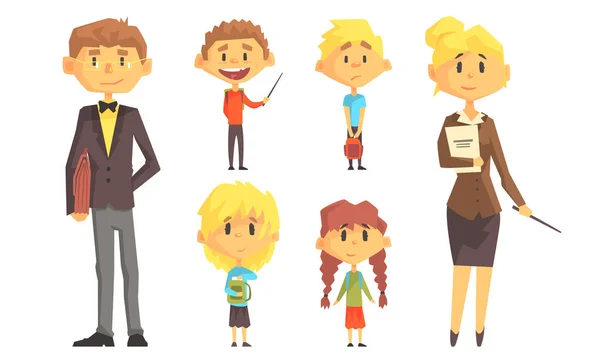 Engraçado Escola Crianças e Professores Desenhos Animados Personagens Set Vector Ilustração — Vetor de Stock