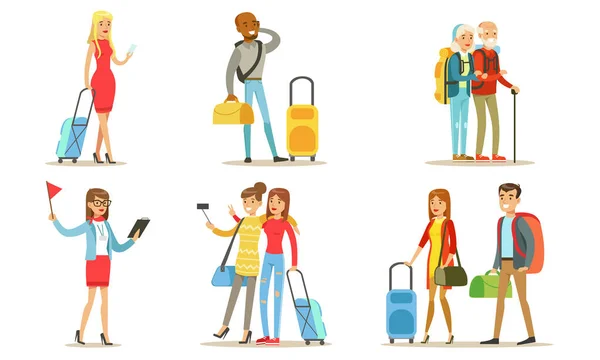 Travelling People Set, Tourists Characters with Suitcases and Backpacks, Men and Women Going on Vacation Vector Illustration — ストックベクタ