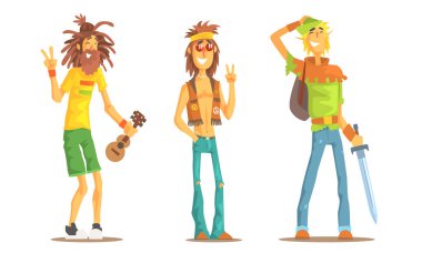 Farklı Kültürlerden Erkekler Seti, Hippi, Rastafarian, Tolkienist Erkek Karakterler Vektör İllüstrasyonu