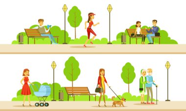 Halk parkında Dinlenen ve Spor Yapan İnsanlar, Çalışan Erkekler ve Kadınlar, Kitap Okuma, Yürüyen Vektör İllüzyonu