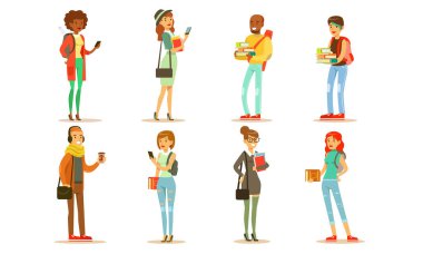 Moda Giysiler Giyen Neşeli İnsanlar, Erkek ve Kadın Öğrenciler Kitapları ve Akıllı Telefonlar Vektör Resimleri