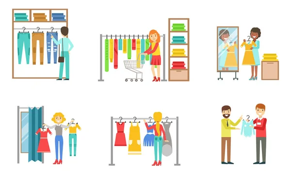 Mensen die winkelen voor kleding in Store Set, Kleding Shop Interieur Elementen Vector Illustratie — Stockvector
