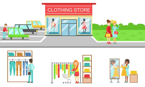 Menschen, die Kleidung im Laden kaufen, Gebäude von Bekleidungsgeschäften und Interieur-Elemente Vektorillustration — Stockvektor