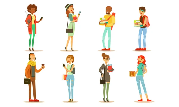 Χαρούμενα άτομα σε μοντέρνο σύνολο ρούχων, άνδρες και γυναίκες μαθητές με βιβλία και Smartphones Εικονογράφηση διάνυσμα — Διανυσματικό Αρχείο