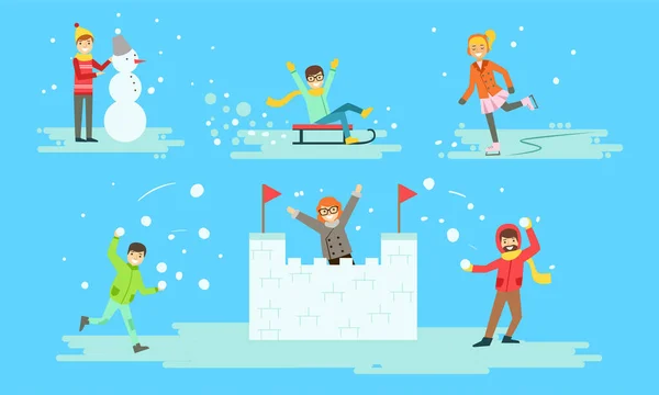 Jogo das atividades do inverno, povos que jogam bolas de neve, cama, fazendo a ilustração do vetor do castelo da neve — Vetor de Stock