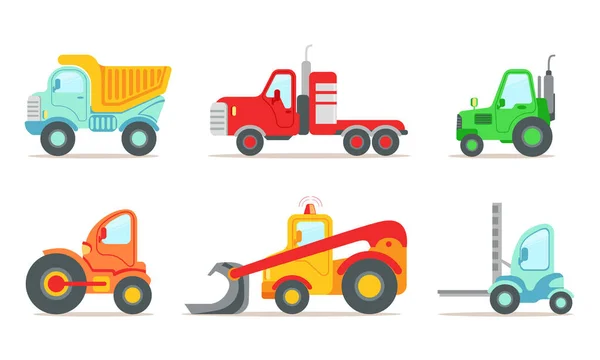 Комплект строительных машин, грузовик, трактор, погрузчик вилочных погрузчиков, векторная иллюстрация бульдозеров — стоковый вектор