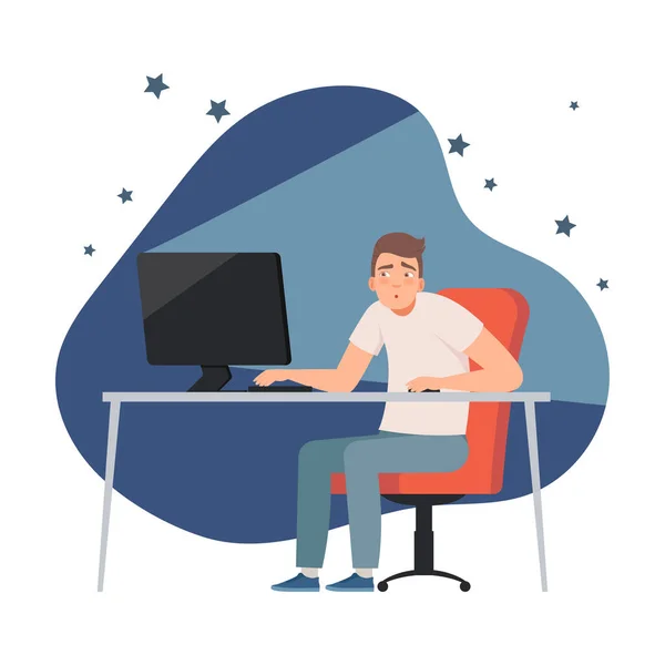 El hombre que está sentado en la computadora en la noche vector ilustración conjunto — Vector de stock