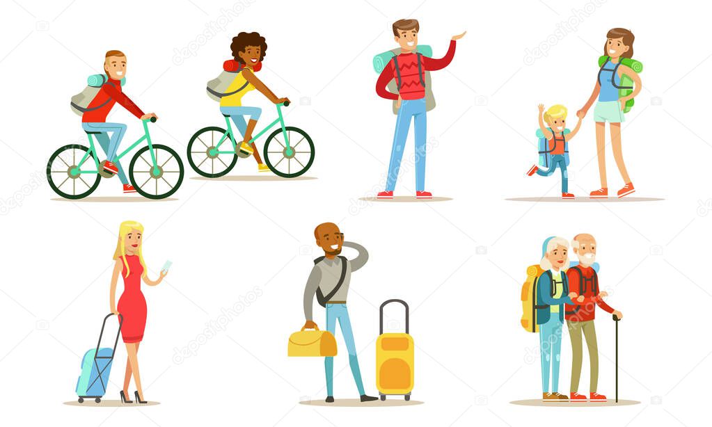 Travelling and Hiking People Set, Tourists Characters Riding Bikes, Men and Women with Backpacks Going on Vacation Vector Illustration