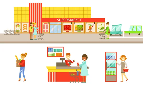 Interieur-Elemente im Supermarkt, Auswahl und Kauf von Produkten im Shop-Vektor Illustration — Stockvektor