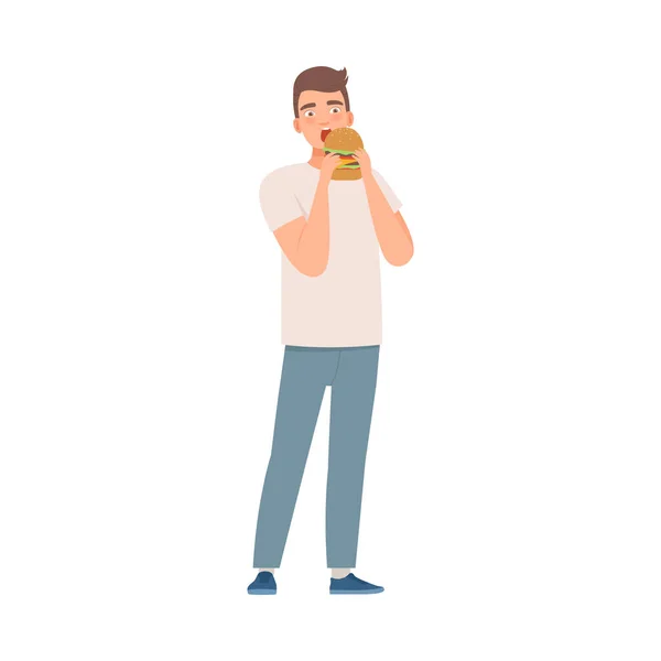 Man character eats hamburger bad habit illustration vector — ストックベクタ