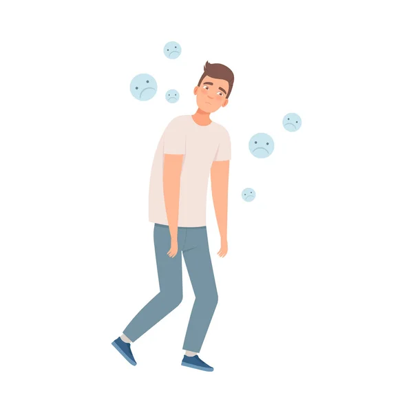 Sad man steps with his shoulders down because of depression, bad habit illustration vector — ストックベクタ