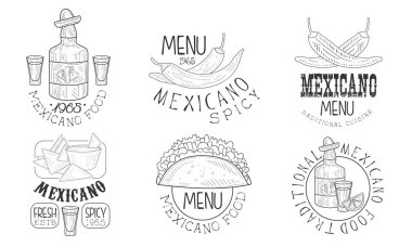 Mexicano Food Hand Retro Etiketleri Seti, Geleneksel Baharat Menüsü Tek Renkli Rozet Vektör Çizimi