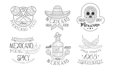 Mexicano Menüsü Geleneksel Baharatlı Mutfak Elleri Retro Etiketler Seti, Taze Meksika Gıda Tek Krom Rozet Vektör İlülasyonu