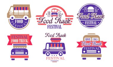Yemek Kamyonları Festivali Etiketleri, Sokak Gıda Vintage Rozetleri Vektör Resimleri