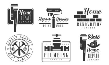 Ev Hizmetleri Onarım Şirketi Retro Etiketleri Seti, Ev Tesisat ve Yenileme Kara Rozet Vektör Resimleri