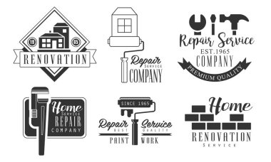 Ev Hizmetleri Onarım Şirketi Retro Etiketleri Seti, Yenileme Kara Rozet Vektör İllüstrasyonu
