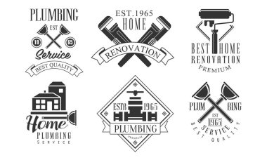 Tesisat Servisi Kaliteli Retro Etiketler Seti, Ev Yenileme Kara Rozet Vektör İllüstrasyonu