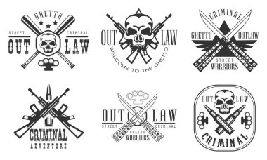 Outlaw Getto Suçlu Retro Etiketleri Seti, Sokak Savaşçıları Kara Rozet Vektör İllüstrasyonu
