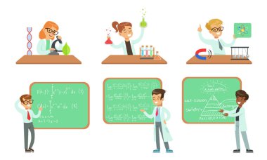Çocuk Bilimadamları Set, Erkekler ve Kızlar Laboratuvarda Deney Yapıyor ve Kiremit Taşıyıcı İllüstrasyonunda Formüller Yazıyor