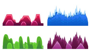 Hills and Mountains Set, Mobil Oyunlar Arayüz Vektörü İllüstrasyonu için Peyzaj Elementleri