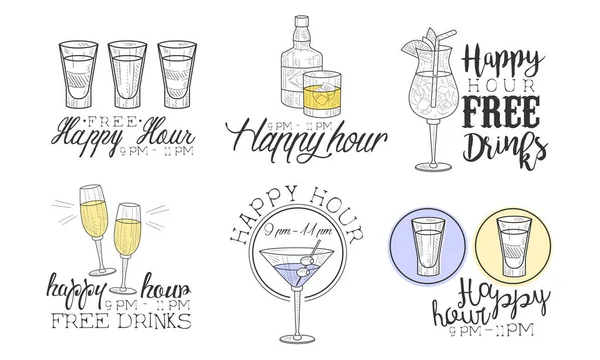 Happy Hour Hand Drawn Retro Labels Set, Livre Drinks Monocromático Badges Vetor Ilustração —  Vetores de Stock