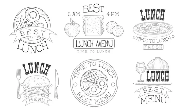 午餐时间手绘复古标签集、有机新鲜天然食品菜单单色徽章病媒图解 — 图库矢量图片