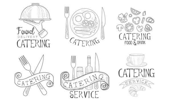 Conjunto de etiquetas retro dibujadas a mano del servicio de catering, ilustración vectorial de insignias monocromáticas de entrega de alimentos — Vector de stock