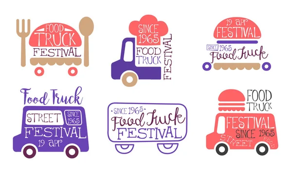 Food Truck Festival Labels Set, Street Food Vintage Emblems Vector Illustration — Stock Vector