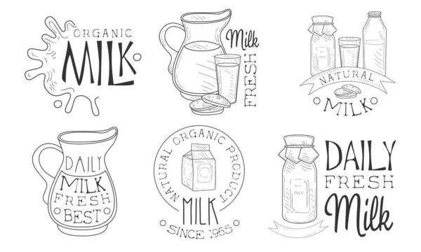 Set de etiquetas retro dibujadas a mano de leche natural, producto orgánico fresco diario insignias monocromáticas Vector ilustración — Archivo Imágenes Vectoriales