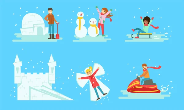 Winter Activities Set, People Building Icy Igloo and Castle, Making Snowman, Riding Snow Scooter, Sledding Vector Illustration — Stock Vector