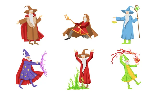 Conjunto de personajes de asistente antiguo, mago masculino o brujo en bata practicando magia Vector Ilustración — Vector de stock