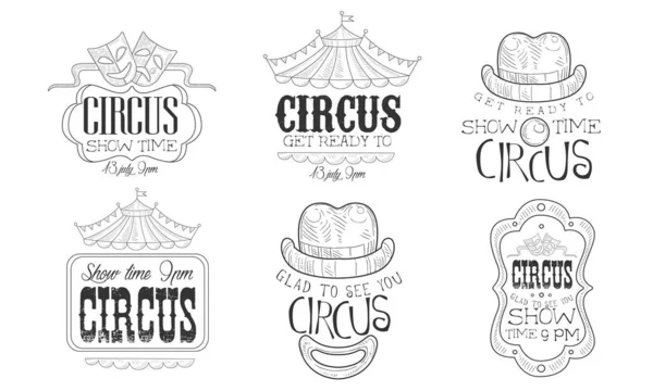 Circus Show Hand Drawn Retro Labels Set, Glad to See You Show Time Monochrome Badges Vector Illustration — Stock Vector