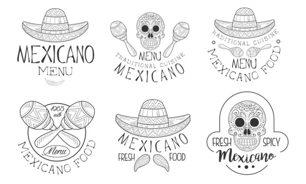 Menu Mexicano Étiquettes Retro Dessinées à la main, mets frais et épicés Insignes Monochromes Illustration vectorielle — Image vectorielle