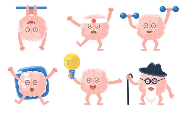 Różowy ludzki mózg znaków w różnych sytuacjach, Funny Cartoon Emoticons Wektor ilustracji — Wektor stockowy