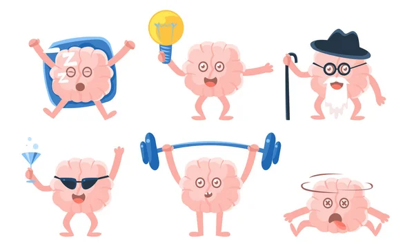 Personajes del cerebro humano en diferentes situaciones, divertidos emoticonos de dibujos animados Vector Ilustración — Vector de stock