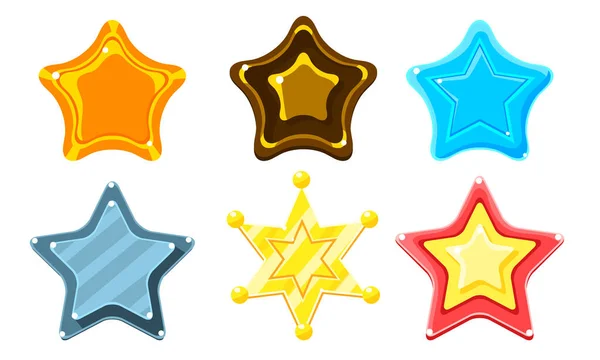 Brillante conjunto de estrellas de colores, Juego de activos de interfaz de usuario Vector Ilustración — Vector de stock