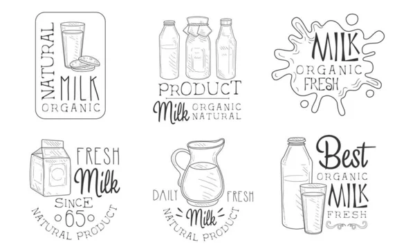 Set de etiquetas retro dibujadas a mano de leche orgánica natural, insignias monocromáticas de productos diarios frescos Vector Illustration — Vector de stock