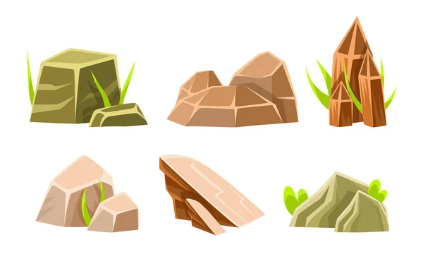 Rock Stones And Boulders With Grass Set, Summer Landscape Elements Vector Illustration — ストックベクタ