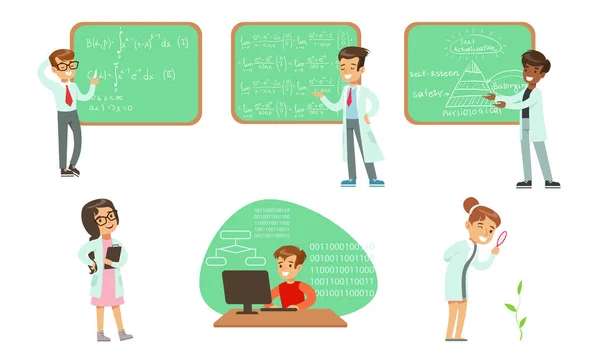 Çocuk Bilimadamları Set, Laboratuar Önlüklü Kız ve Oğlanlar Bilim Araştırması Yapıyor ve Tebeşir Tahtası Vektör İllüstrasyonunda Formüller Yazıyor — Stok Vektör