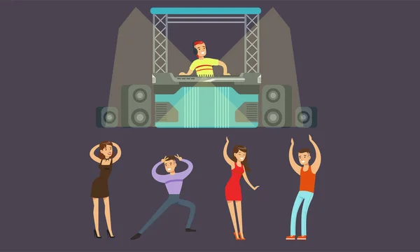 Gente bailando en discoteca, DJ tocando música Vector Illustration — Archivo Imágenes Vectoriales