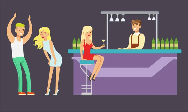 Ludzie pijący w barze i tańczący w klubie nocnym, Barman obsługujący gości Wektor Ilustracja — Wektor stockowy