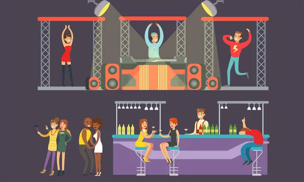 Gente bailando en discoteca, hombres y mujeres jóvenes bebiendo en el bar, DJ tocando música Vector ilustración — Vector de stock