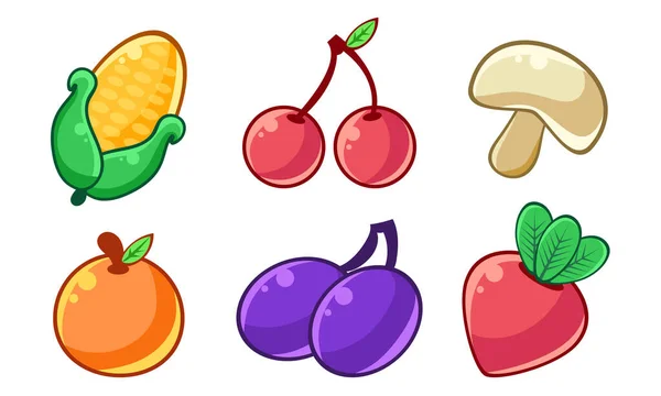 Autumn Season Fruits and Vegetables Set, Corn, Cherry, Mushroom, Orange, Plum, Beetroot Vector Illustration — ストックベクタ